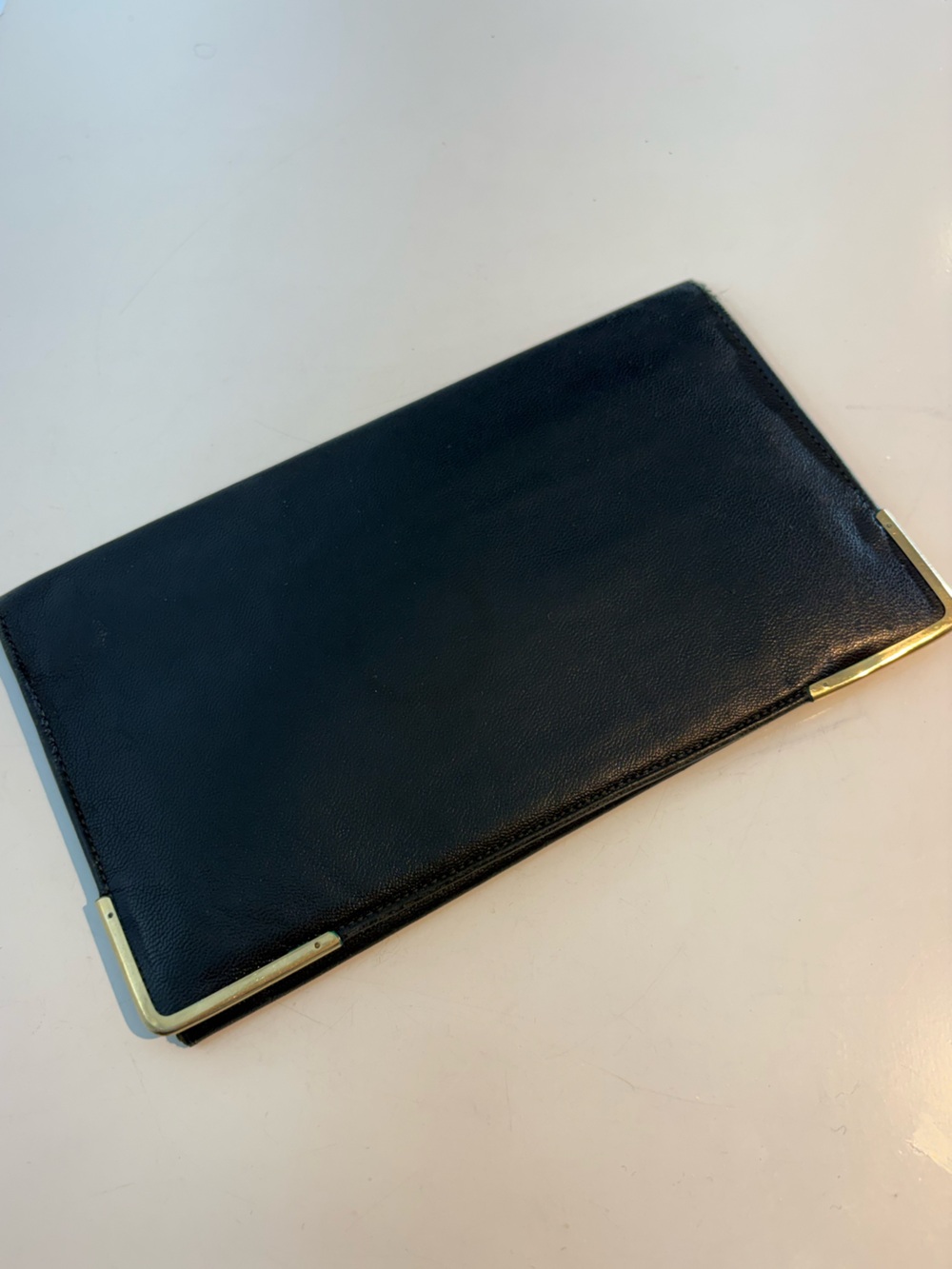 Vintage Gucci Black Leather Long Bifold Wallet Rolled Gold Corners
